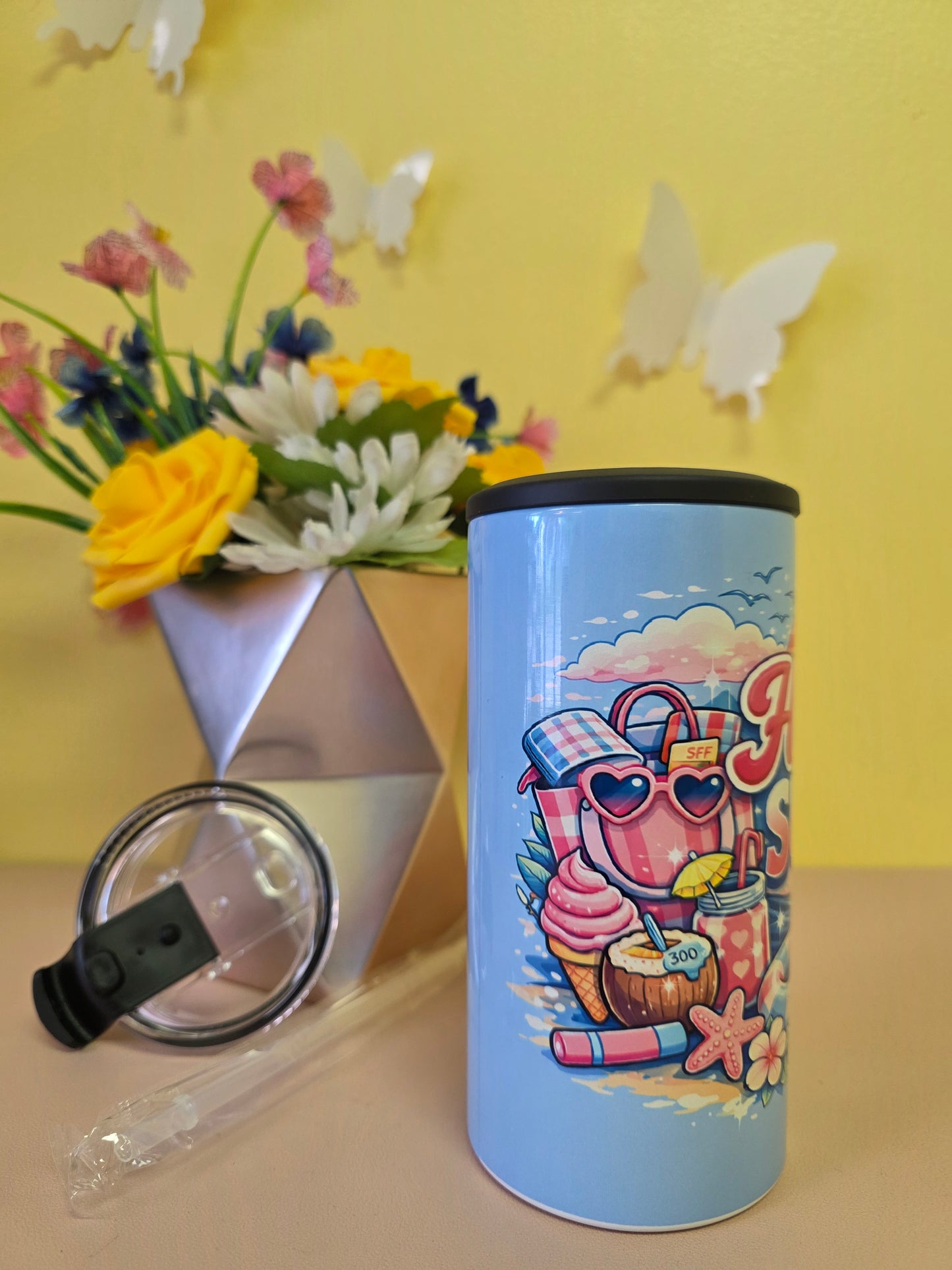 14oz insulated stainless steel tumbler with ‘Hot Mom Summer’ flamingo design, lid, and straw