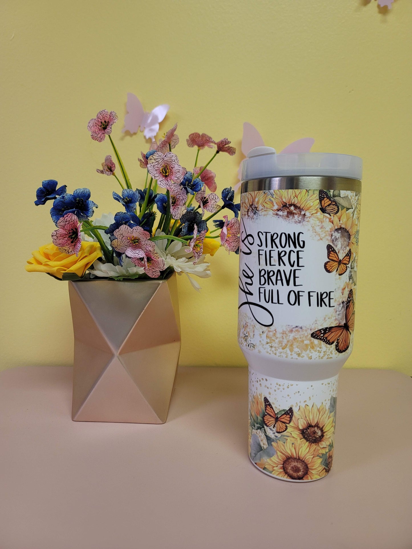 40 Ounce Tumbler - Stainless Steel Drinkware | Monarch Butterfly Sunflower She is Strong