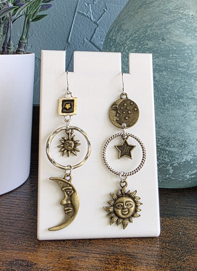 Bronze celestial sun and moon dangle earrings