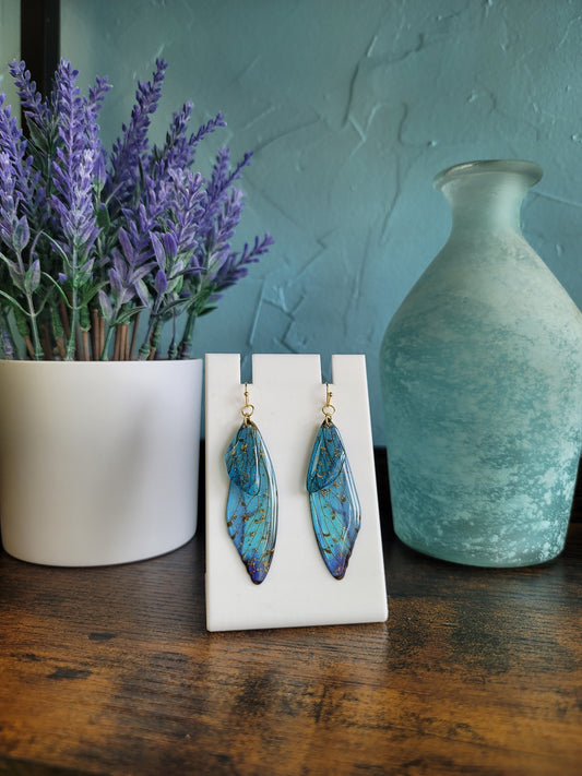 lightweight dangle butterfly wing earrings aqua with gold flecks