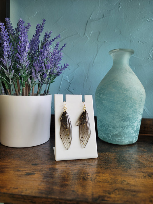 lightweight butterfly wing dangle earrings black with gold flecks