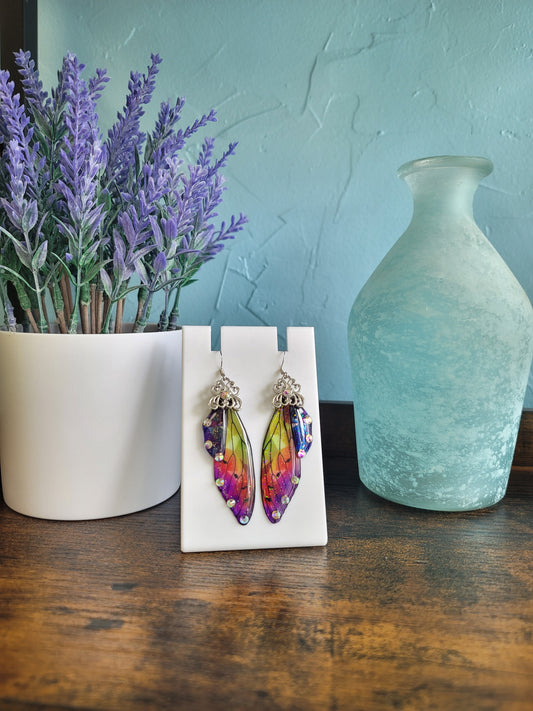 lightweight butterfly wing dangle earrings rainbow color with jewels