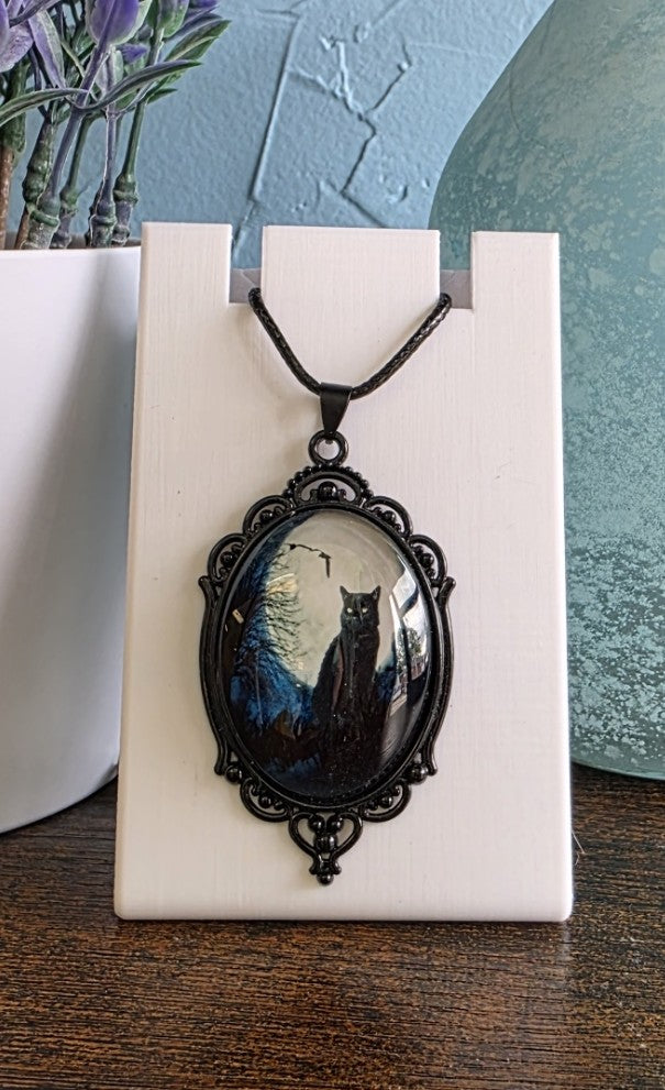 Antique Pendant necklace with cat in front of full moon gothic mystic