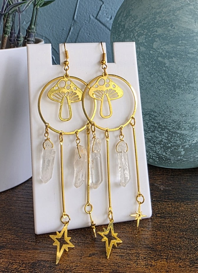 Gold mushroom earrings with crystalsand star dangles mystic celestial