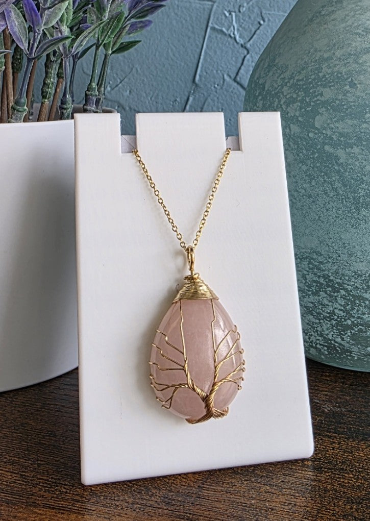 Rose quartz stone necklace wire wrapped with Tree of Life gothic mystic