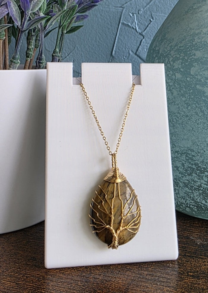 Tigers eye stone wrapped in gold wire with Tree of Life gothic mystic necklace