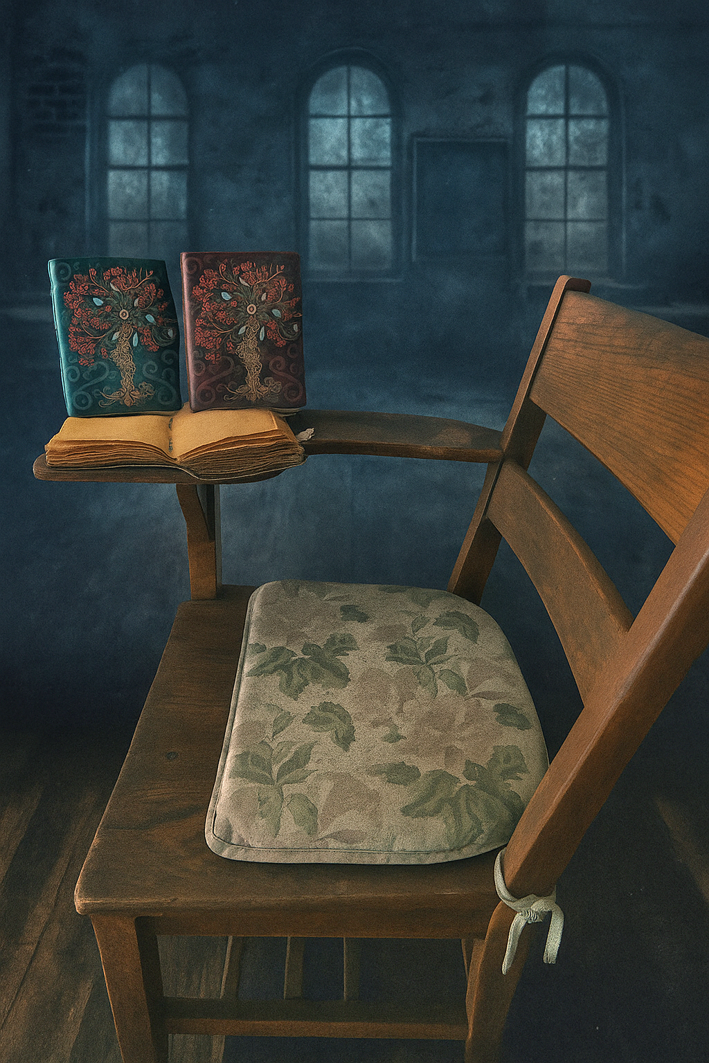 Gothic Notebooks that look like spellbooks with antique paper in a spooky classroom on a desk