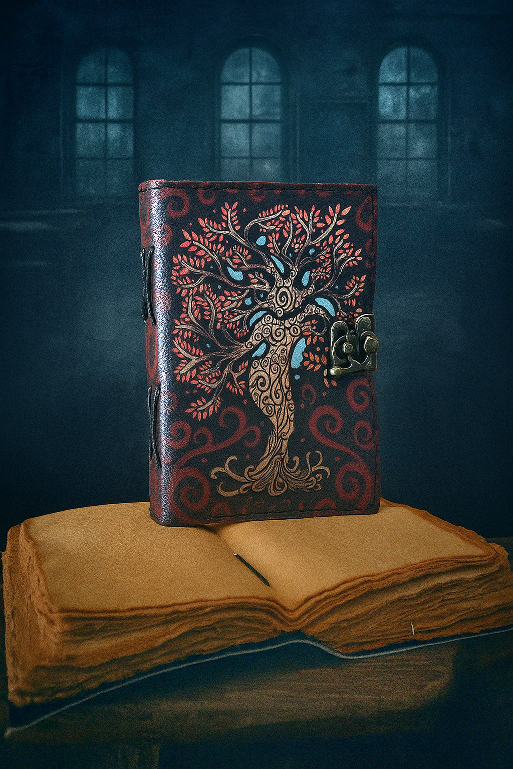 Gothic Notebooks that look like spellbooks with antique paper in a spooky classroom on a desk