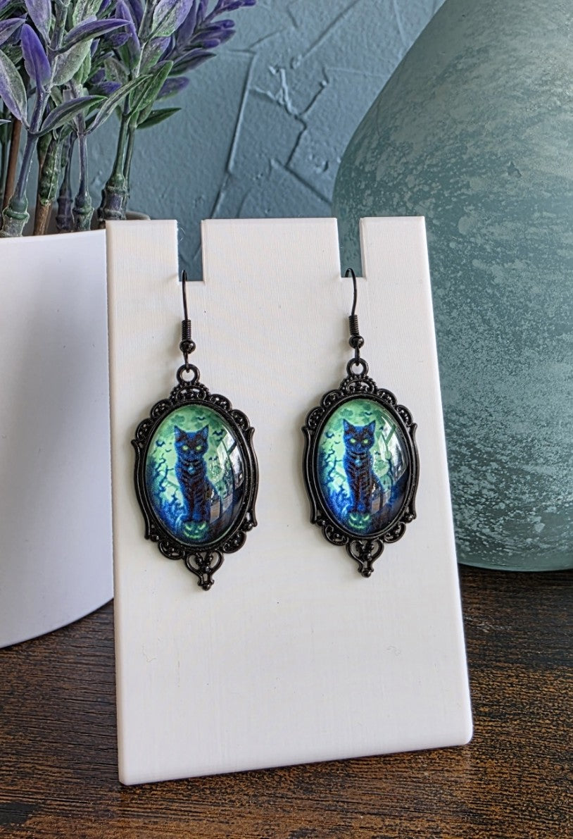 Green mystical cat earrings gothic