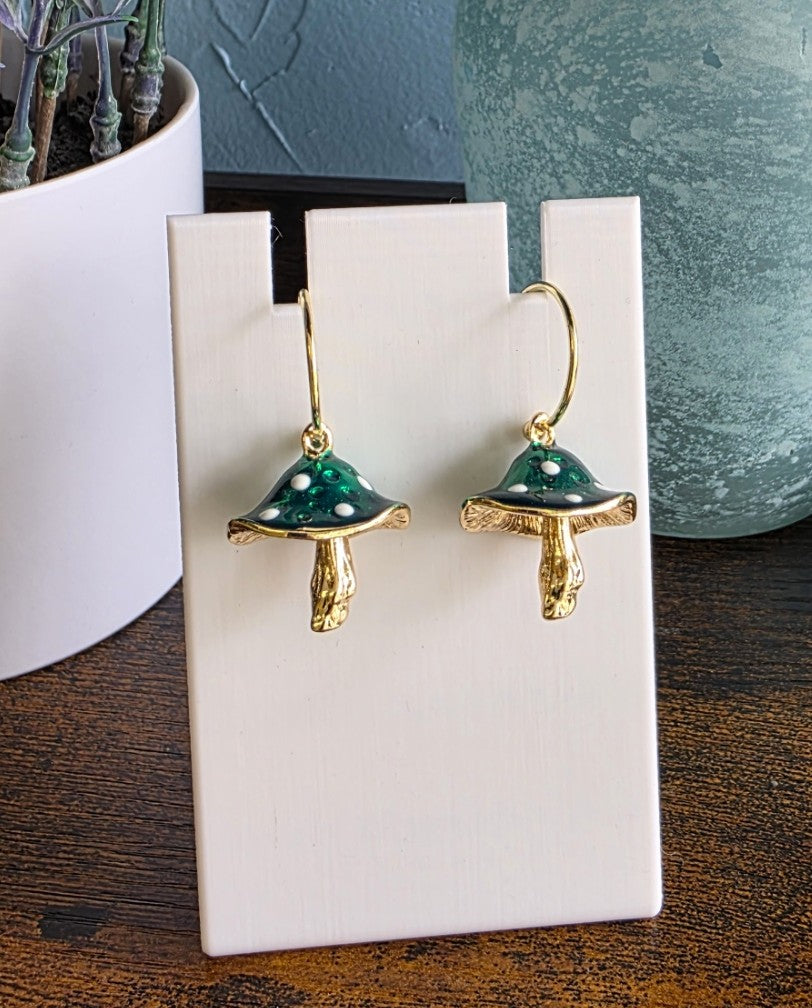 Green and gold mushroom dangle earrings gothic mystic