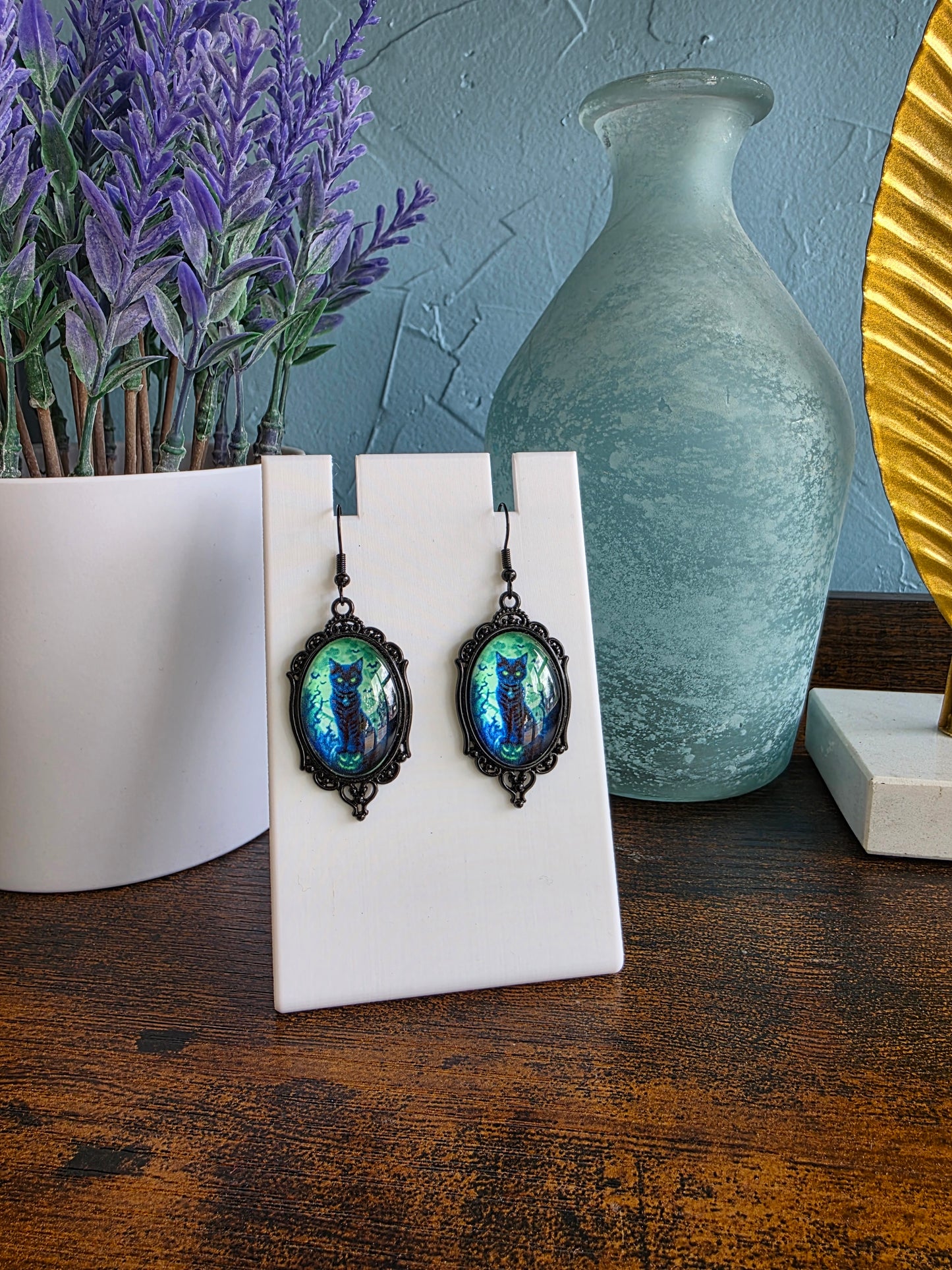 Gothic jewelry green cat earrings