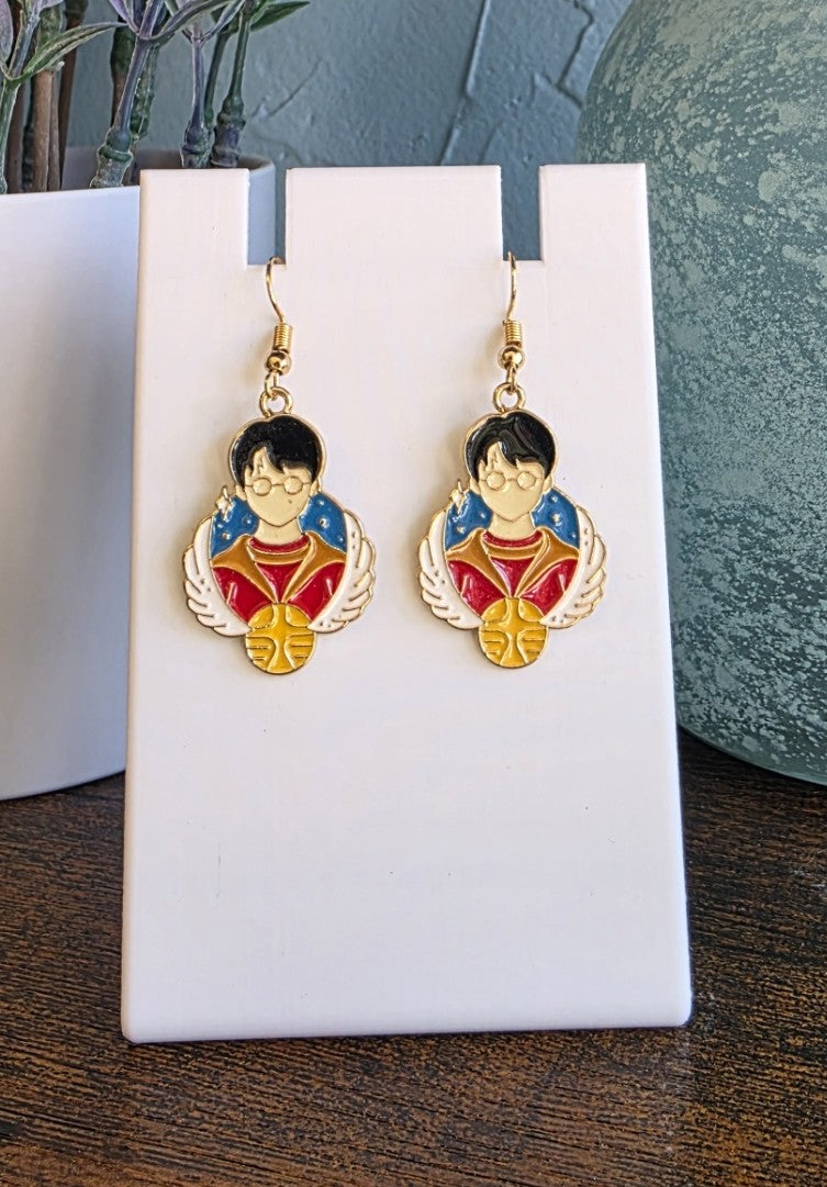 Harry Potter earrings featuring Harry Potter and Quiddich details.