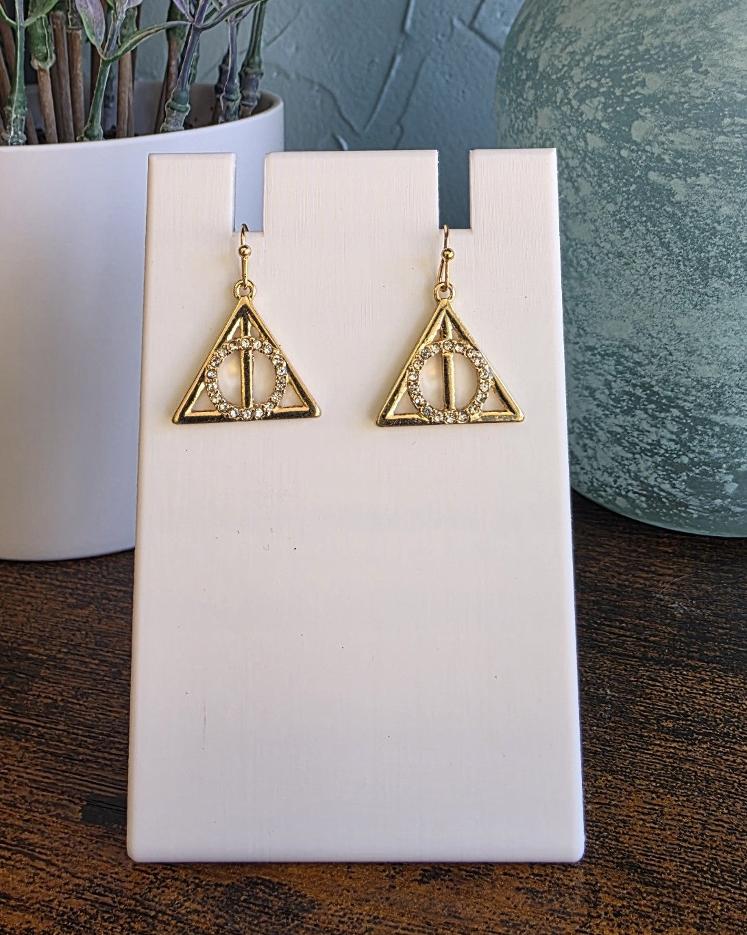 Harry Potter gold dangle earrings of Deathly Hallows