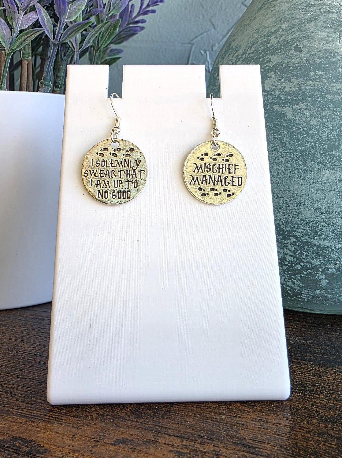 Harry Potter silver mismatch Marauders Map earrings. I solemnly swear I am up to no good and Mischief managed.