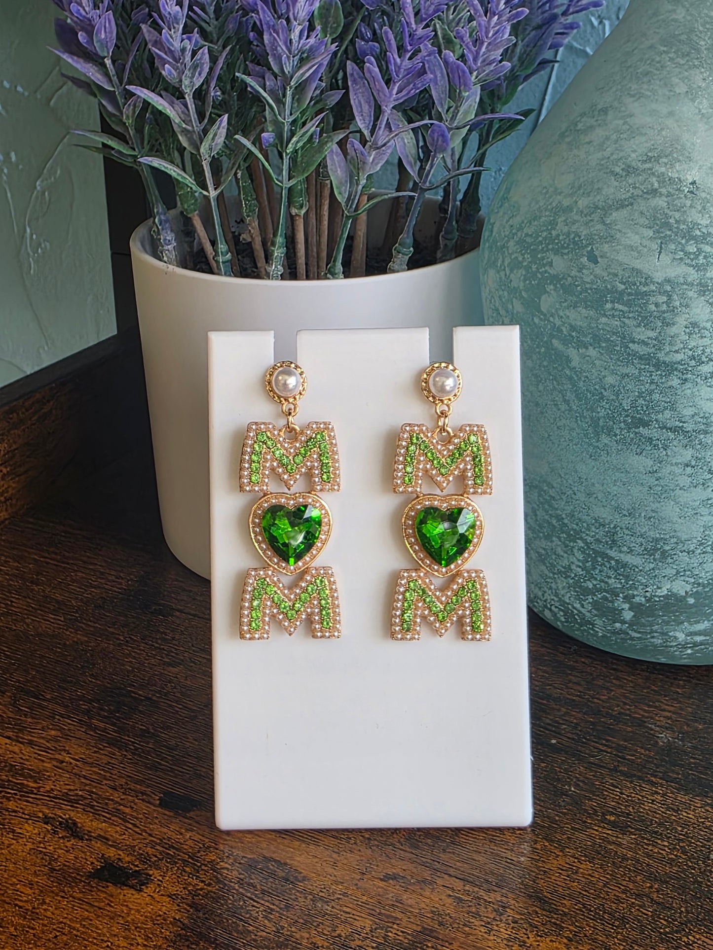 Jeweled Mom dangle earrings with green jewels