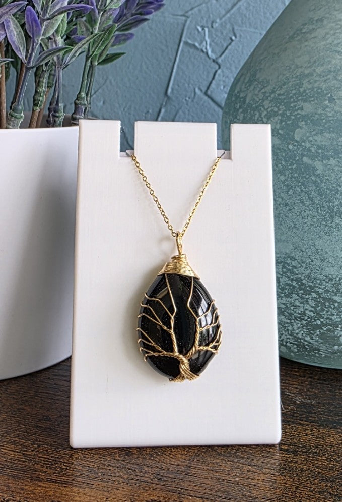 Obsidian stone necklace wrapped with Tree of Life in gold wire mystic gothic