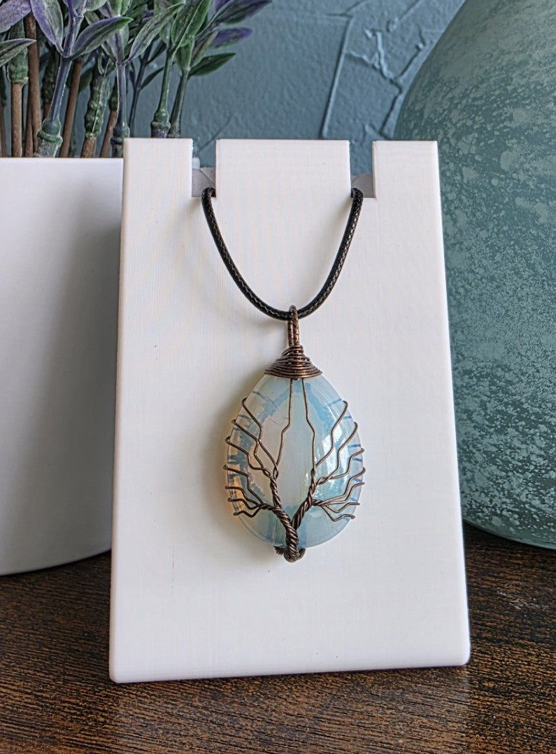 Opal stone pendant necklace wrapped with bronze wire in Tree of Life mystic gothic