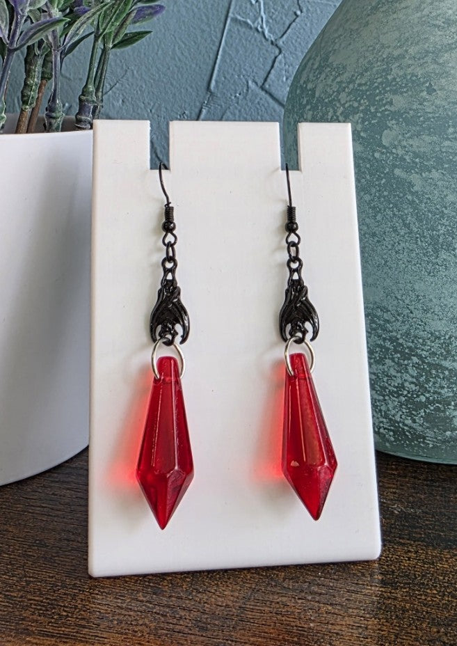 Gothic bat dangles with red crystal