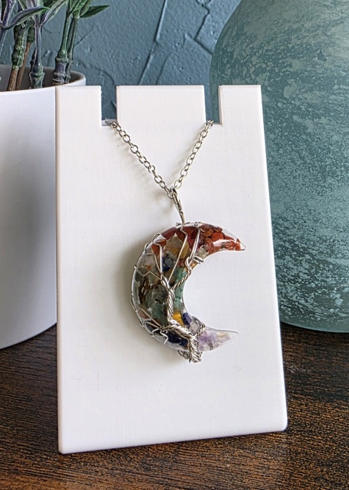 Moon-shaped necklace with seven chakra crystals gothic mystic