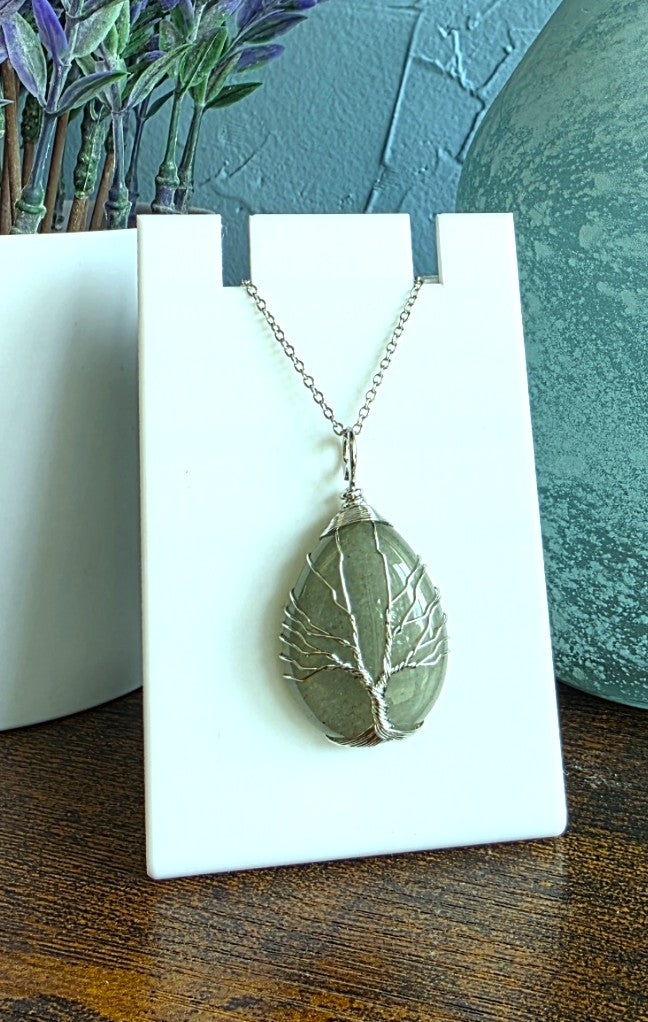 Aventurine stone pendant necklace wrapped in silver wire with Tree of Life mystic gothic