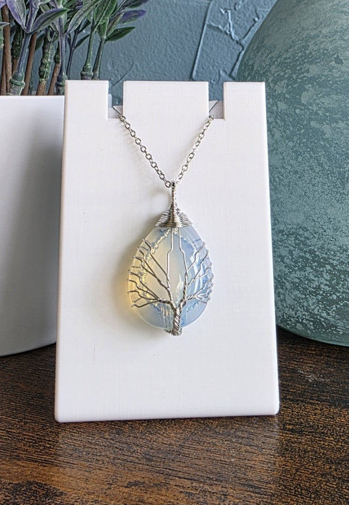 Opal stone pendant wrapped in silver wire with Tree of Life necklace gothic mystic