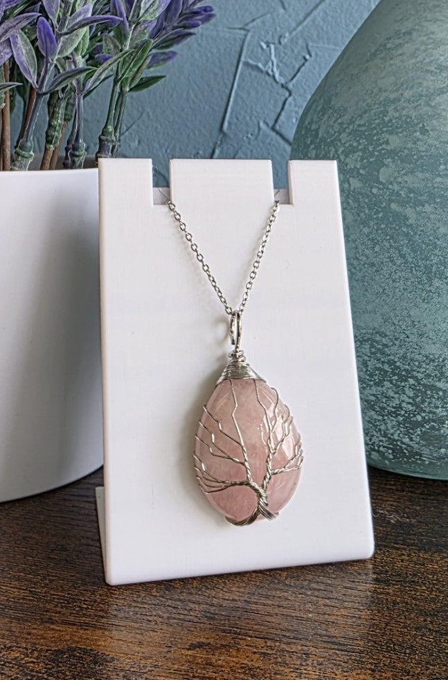 Rose quartz pendant necklace with silver wrapped Tree of Life detail mystic gothic