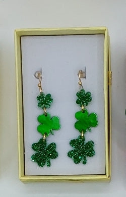 St Patrick's Day Earrings - Green Glitter Triple Shamrock Dangles
