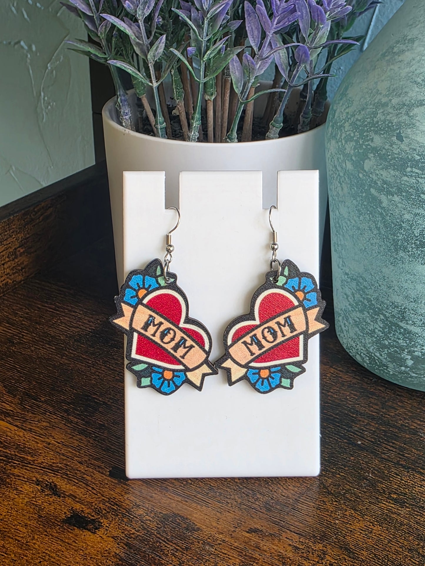 Wooden tattoo heart MOM dangle earrings