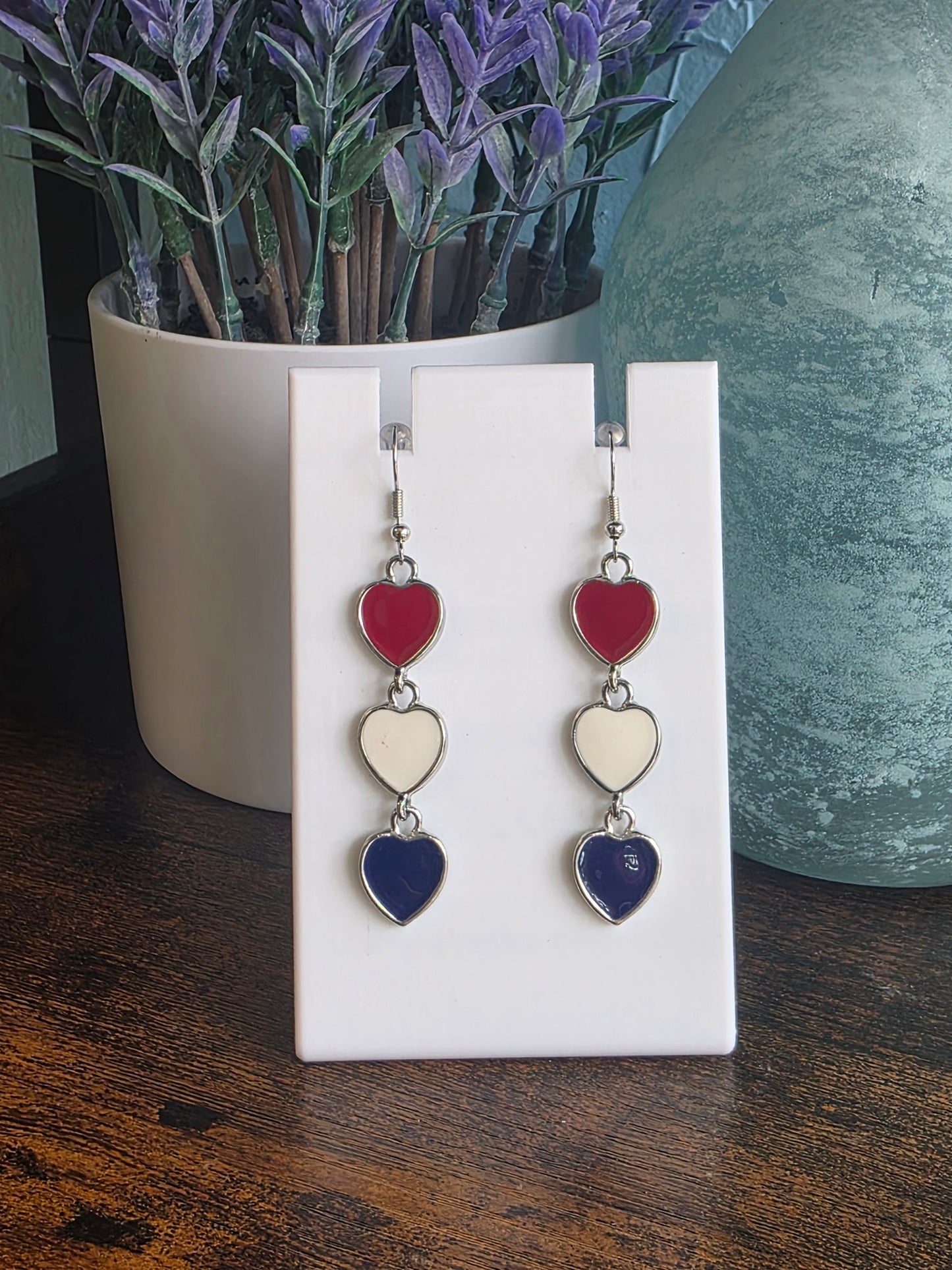 Red, white and blue heart dangle earrings for Independence Day