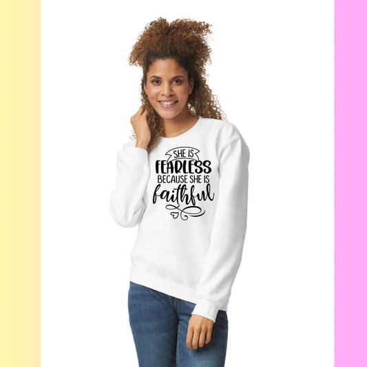 Women's Long Sleeve Sweatshirt - Relaxed Fit Crew Neck | Devotional Easter God Christian She Is Fearless Because She is Faithful