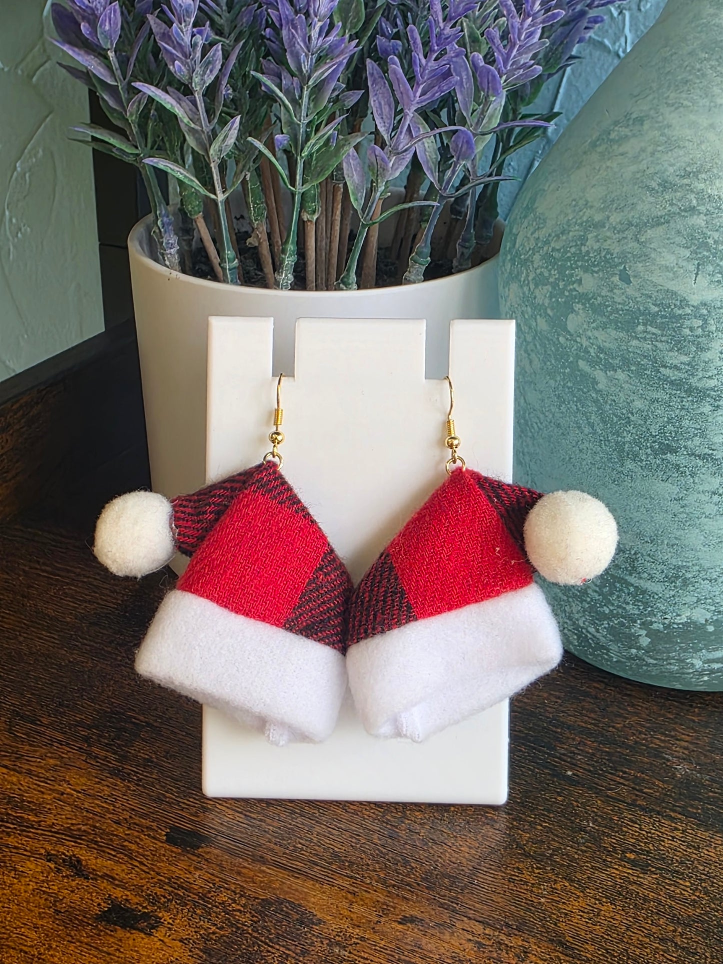 Christmas earrings plaid santa hats