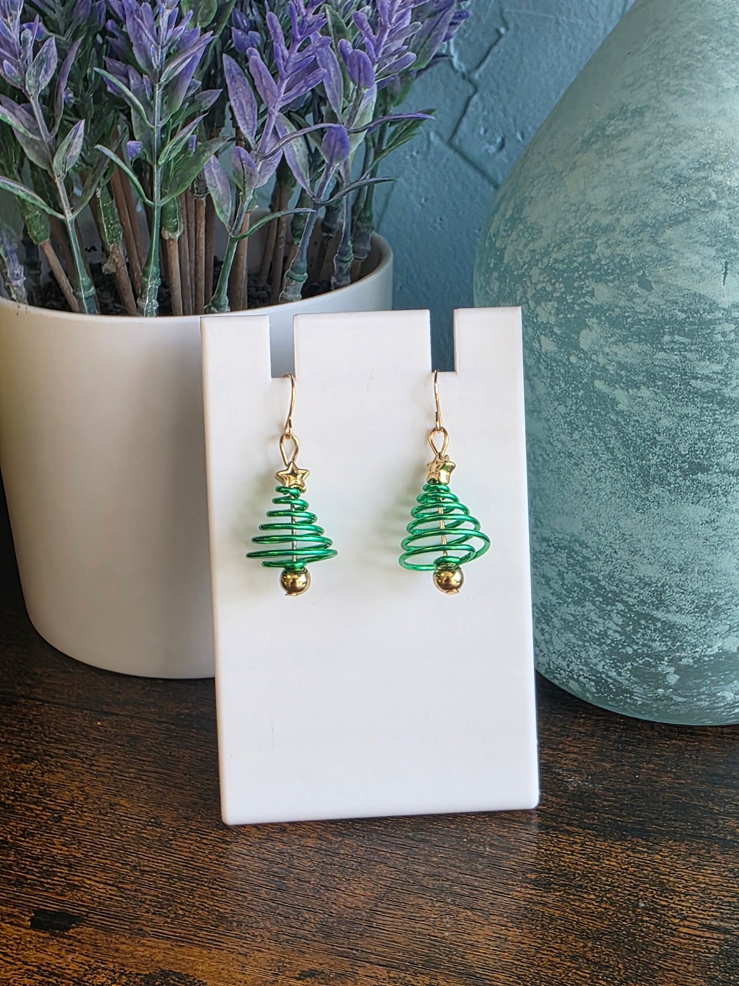 Green spiral Christmas tree earrings