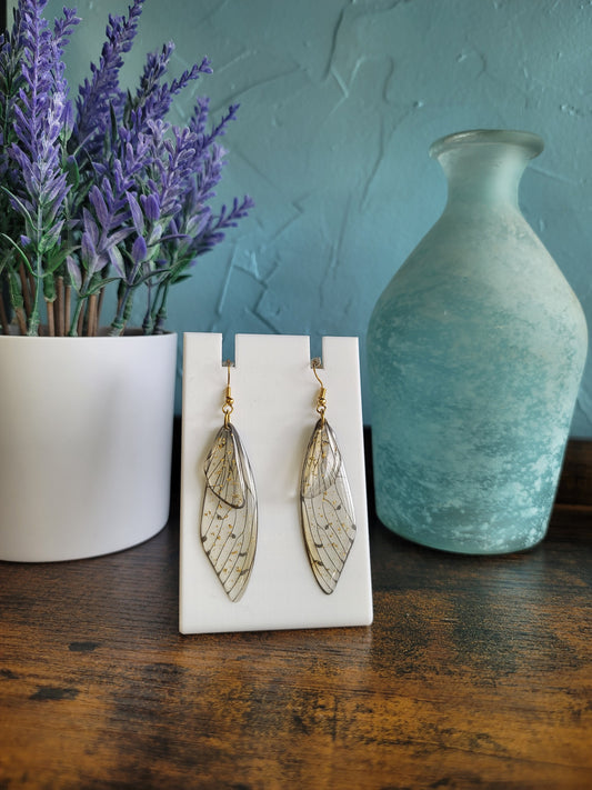 dangle butterfly earrings clear with gold flecks lightweight