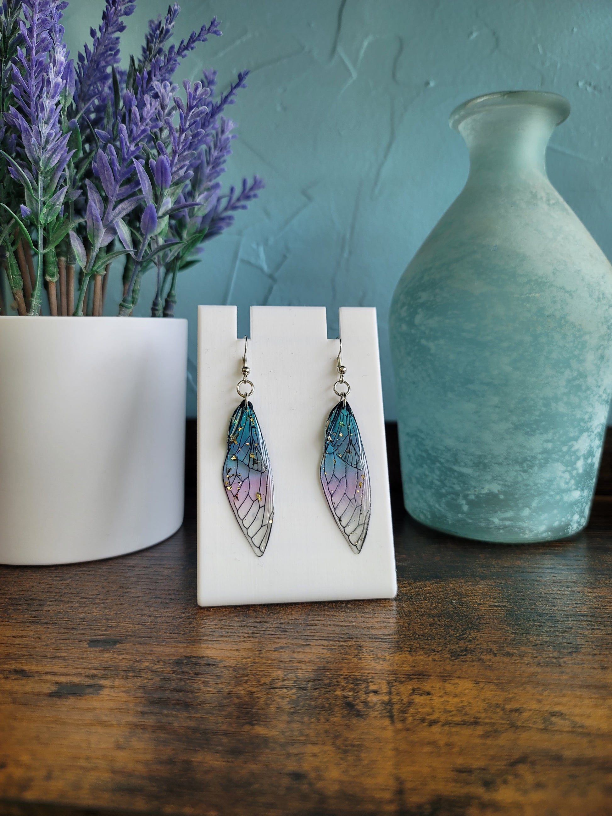 lightweight dangle butterfly wing earrings blue and purple with gold flecks