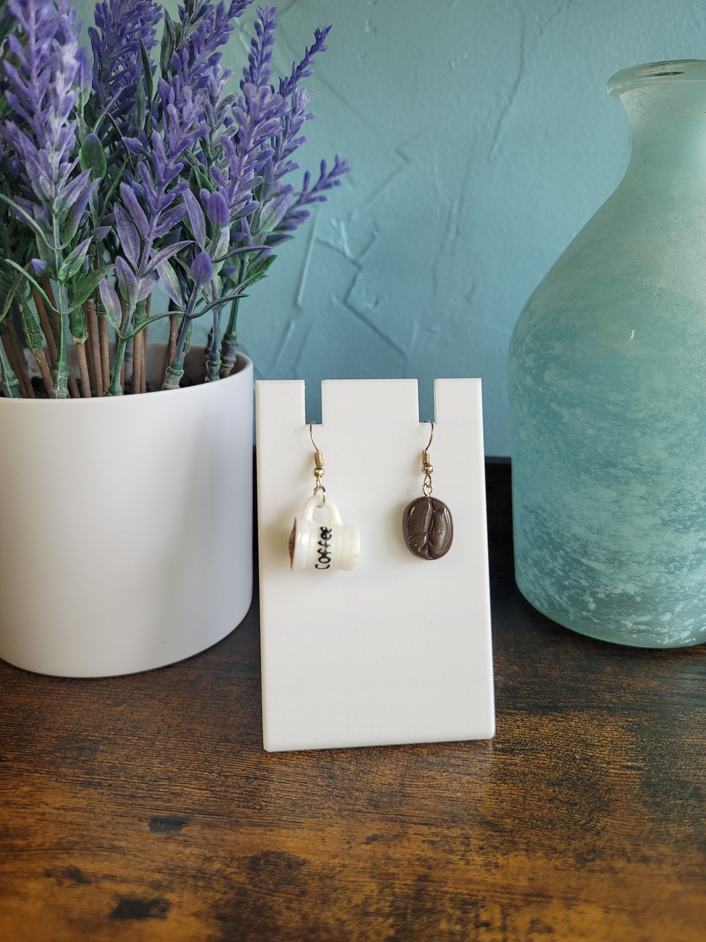 Lightweight dangle mismatch earrings coffee bean and mug