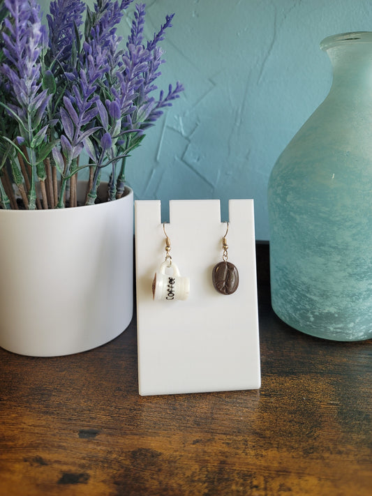 Lightweight dangle mismatch earrings coffee bean and mug