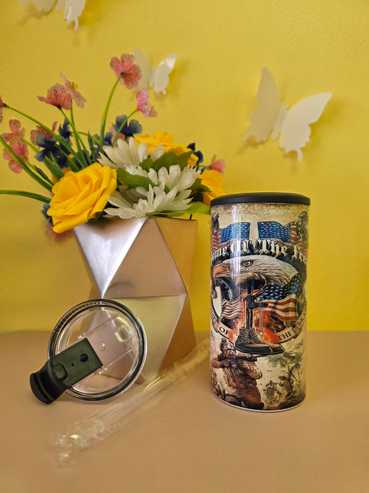 4‑in‑1 insulated stainless steel tumbler with rustic Veterans American flag design, shown with lid, straw, and patriotic decor