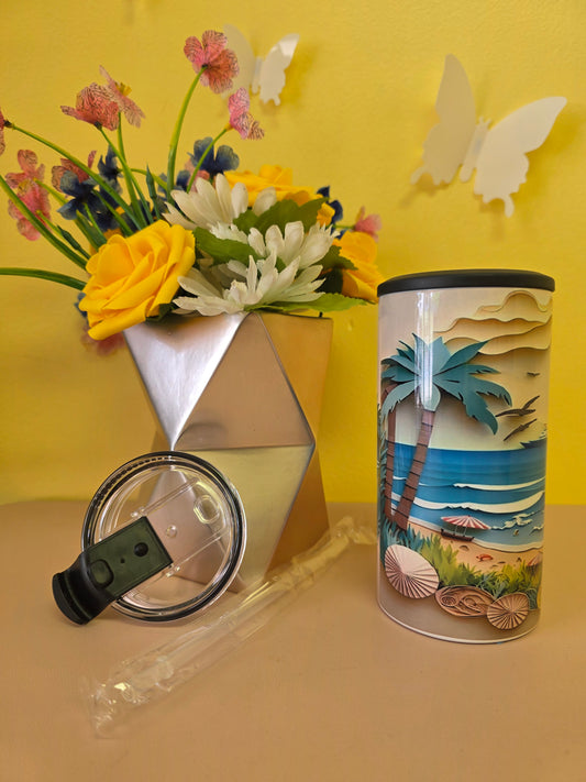 4‑in‑1 insulated stainless steel tumbler with clay‑style beach scene featuring sun, sailboat, waves, and seashells