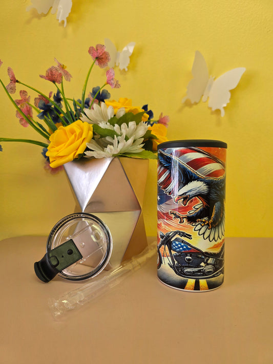 Insulated 4‑in‑1 stainless steel tumbler with American flag and motorcycle wheel artwork, shown with lid, and straw