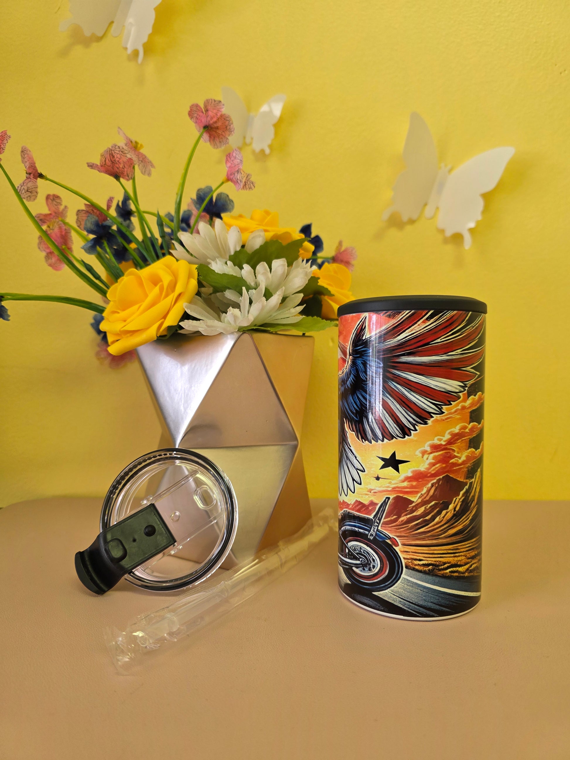 Insulated 4‑in‑1 stainless steel tumbler with American flag and motorcycle wheel artwork, shown with lid, and straw
