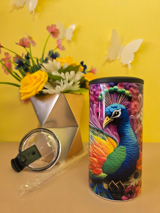 Insulated 4‑in‑1 stainless steel tumbler with vibrant multicolor floral design, shown with lid, straw, and flower arrangement