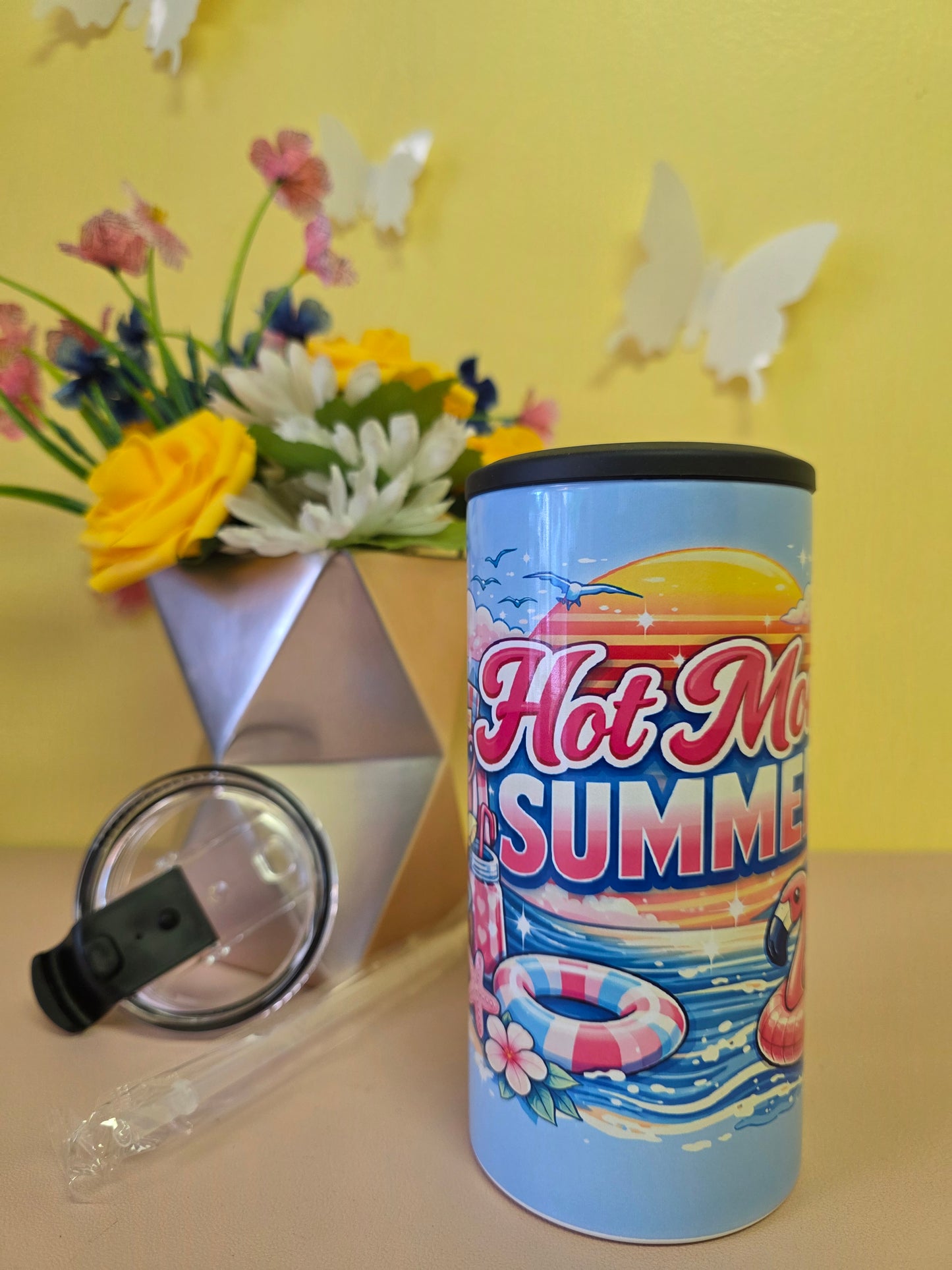 14oz insulated stainless steel tumbler with ‘Hot Mom Summer’ flamingo design, lid, and straw