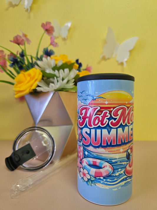 14oz insulated stainless steel tumbler with ‘Hot Mom Summer’ flamingo design, lid, and straw