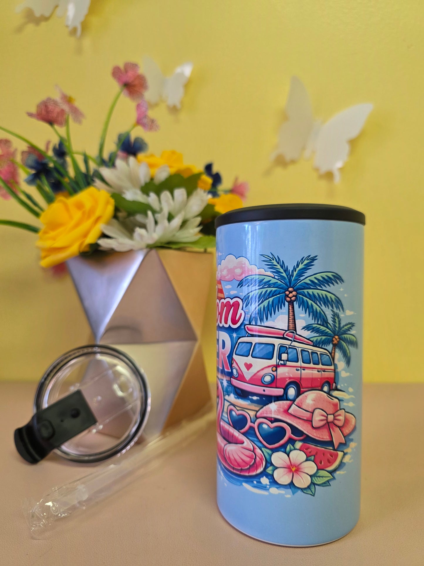 14oz insulated stainless steel tumbler with ‘Hot Mom Summer’ flamingo design, lid, and straw