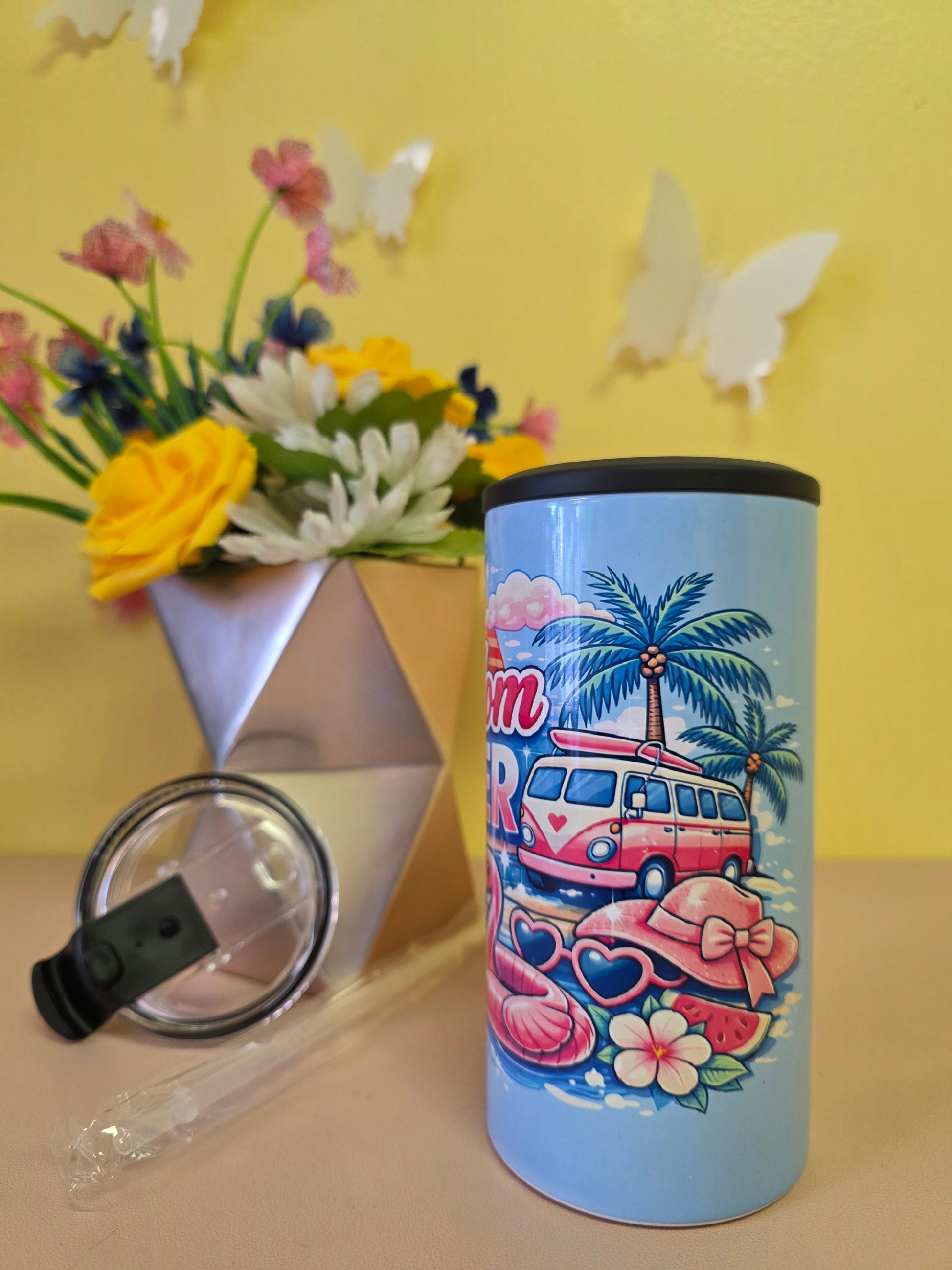 14oz insulated stainless steel tumbler with ‘Hot Mom Summer’ flamingo design, lid, and straw