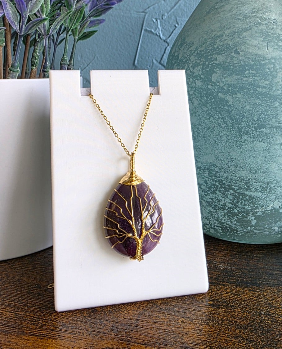 Amethyst stone necklace wire wrapped with Tree of Life gothic mystic