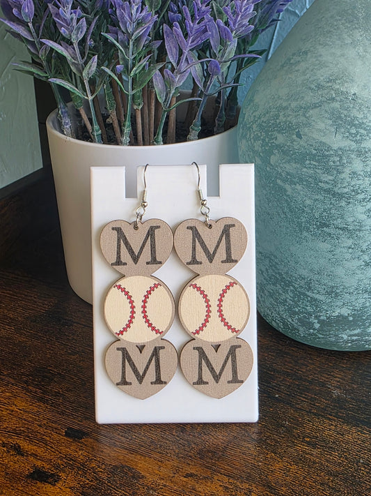 Lightweight wooden dangle earrings for Baseball Mom