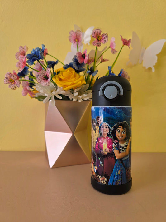 Decorative bottle with cartoon character design on a yellow and brown background