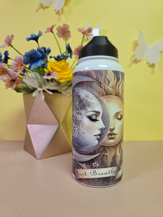Decorative bottle with artistic design on a yellow and beige background with flowers.