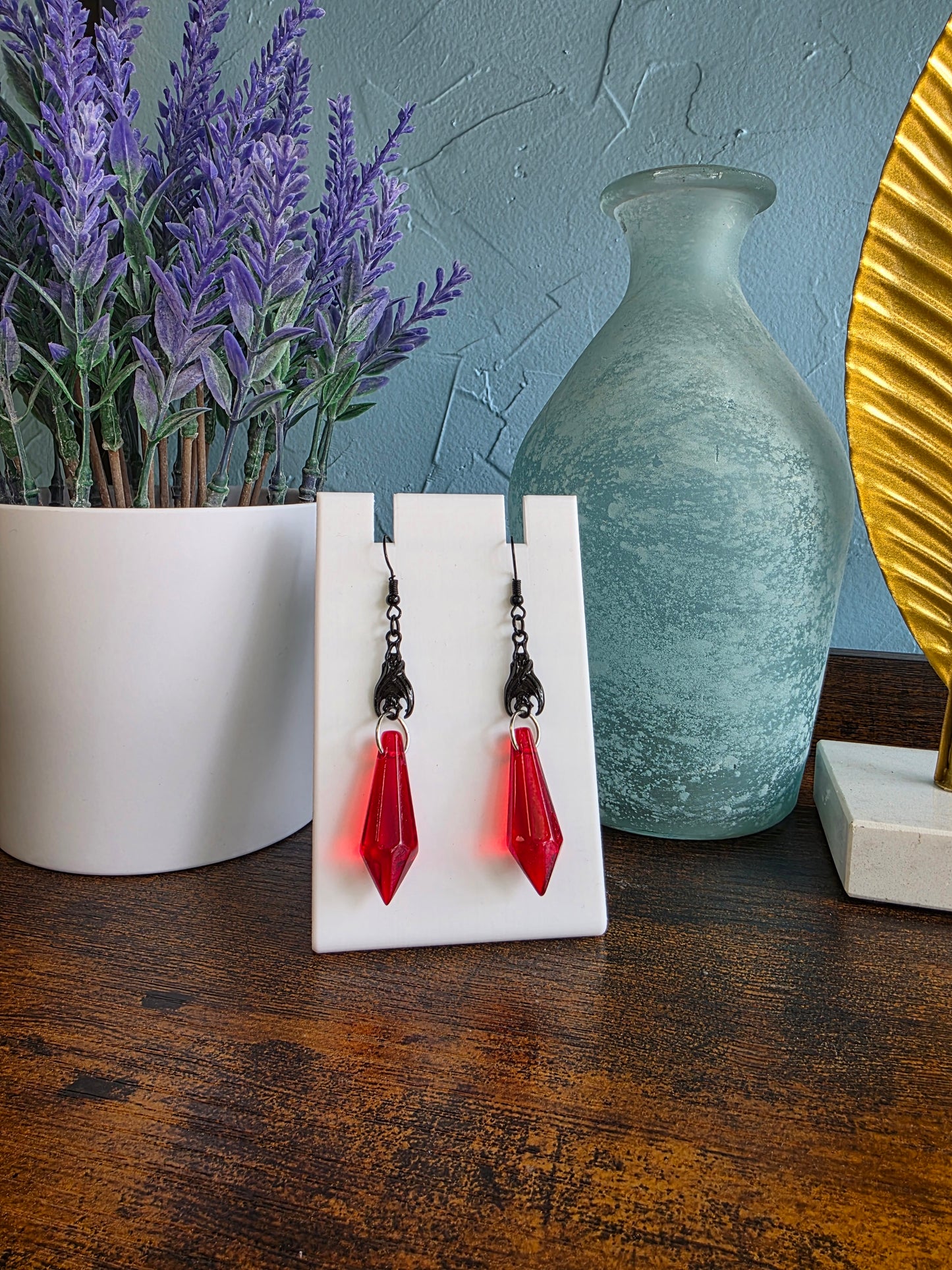 Gothic jewelry red bat dangle earrings